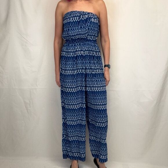 Thakoon Women's Sleeveless Silk Wide Leg Jumpsuit Romper Blue 6 Pockets Abstract - Picture 1 of 15